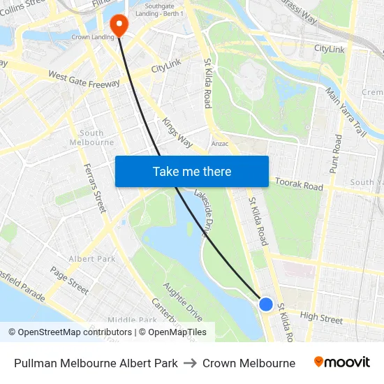 Pullman Melbourne Albert Park to Crown Melbourne map