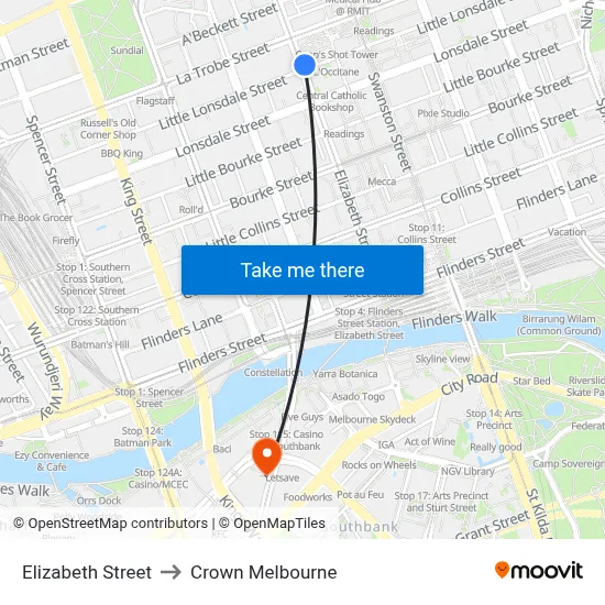 Elizabeth Street to Crown Melbourne map