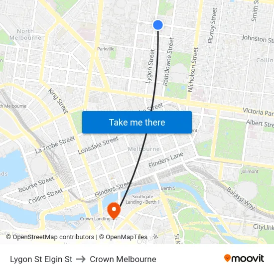 Lygon St Elgin St to Crown Melbourne map