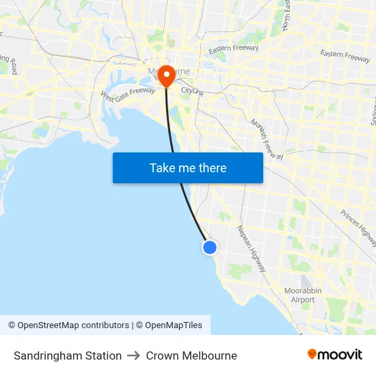 Sandringham Station to Crown Melbourne map