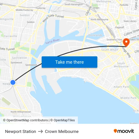 Newport Station to Crown Melbourne map