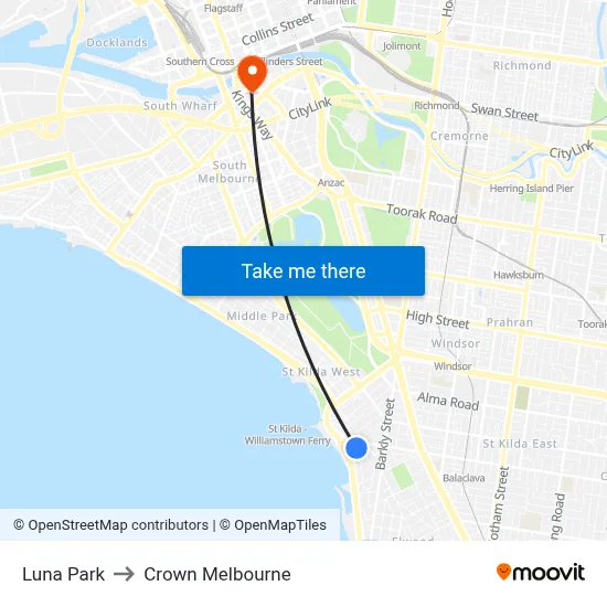 Luna Park to Crown Melbourne map