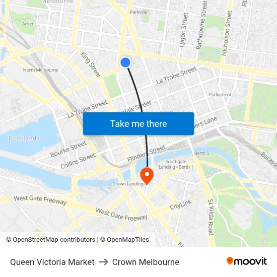 Queen Victoria Market to Crown Melbourne map