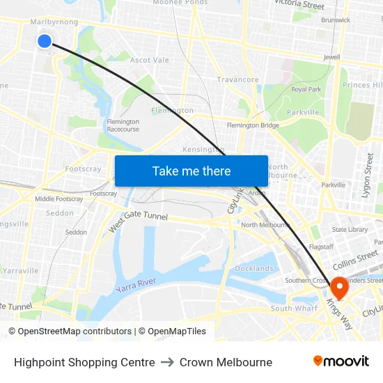 Highpoint Shopping Centre to Crown Melbourne map