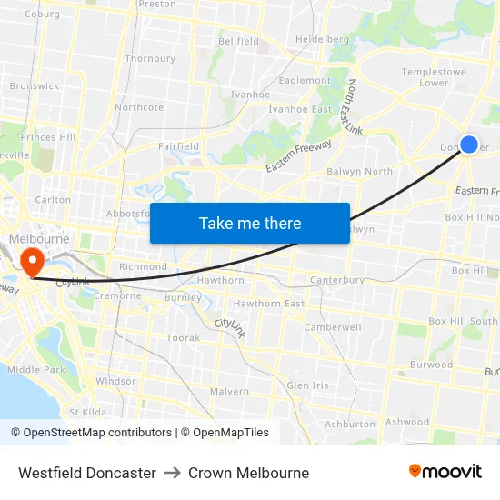 Westfield Doncaster to Crown Melbourne map