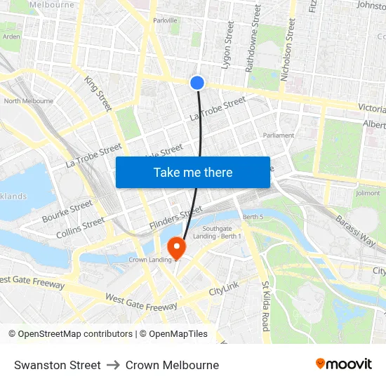Swanston Street to Crown Melbourne map