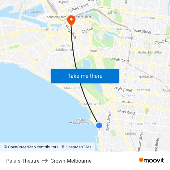 Palais Theatre to Crown Melbourne map