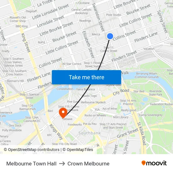 Melbourne Town Hall to Crown Melbourne map