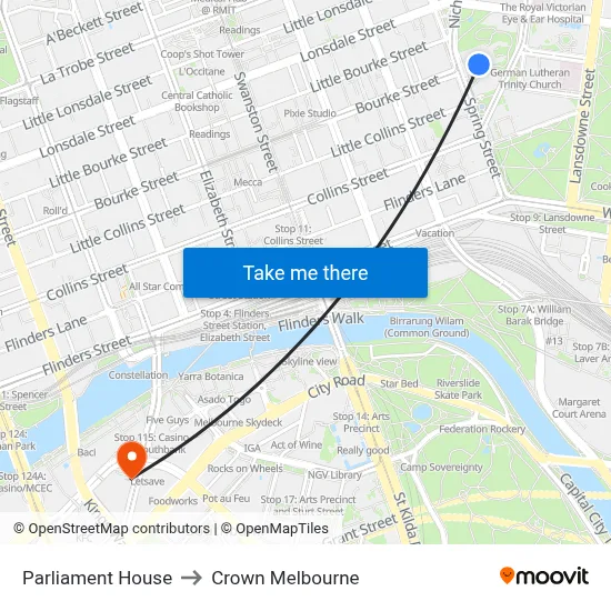 Parliament House to Crown Melbourne map