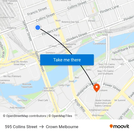 595 Collins Street to Crown Melbourne map
