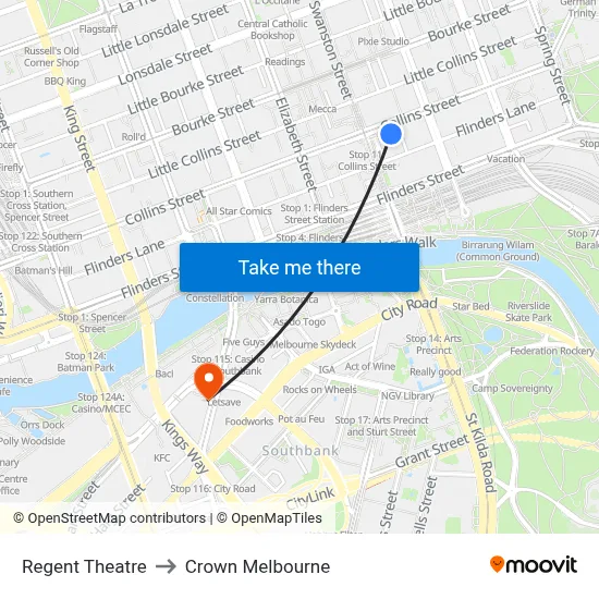 Regent Theatre to Crown Melbourne map