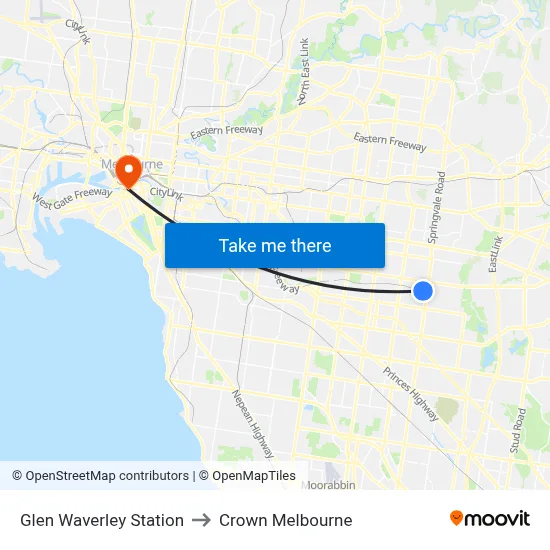 Glen Waverley Bus Interchange to Crown Melbourne map