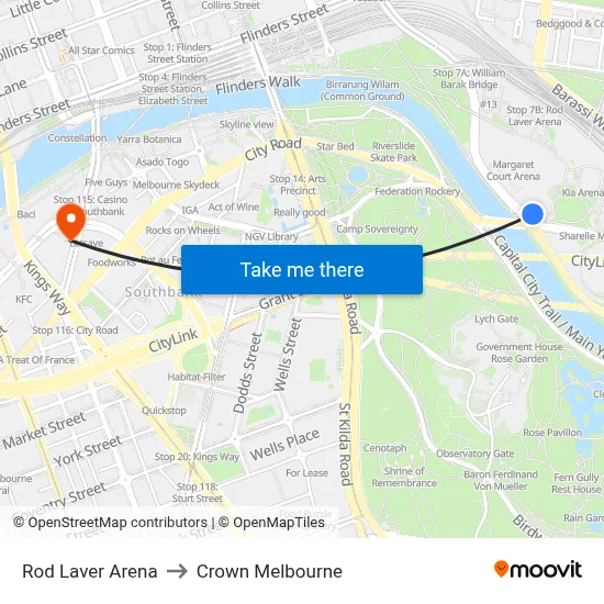 Rod Laver Arena to Crown Melbourne map
