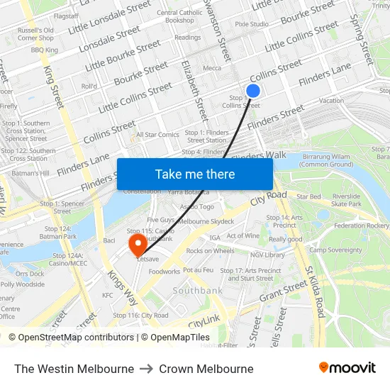 The Westin Melbourne to Crown Melbourne map