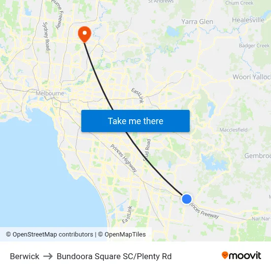 Berwick to Bundoora Square SC/Plenty Rd map