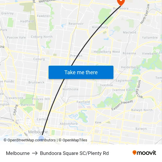 Melbourne to Bundoora Square SC/Plenty Rd map