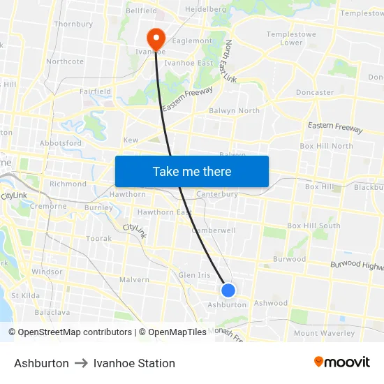 Ashburton to Ivanhoe Station map