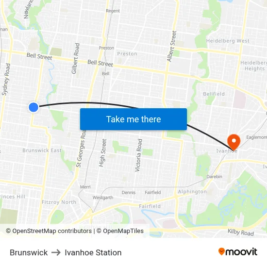 Brunswick to Ivanhoe Station map