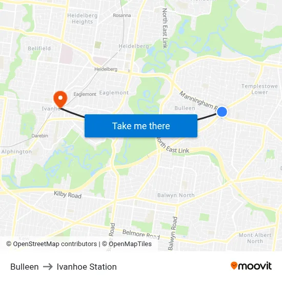 Bulleen to Ivanhoe Station map