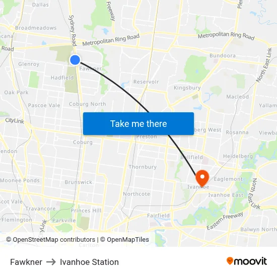Fawkner to Ivanhoe Station map
