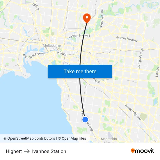 Highett to Ivanhoe Station map