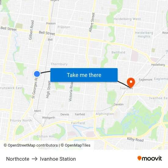 Northcote to Ivanhoe Station map