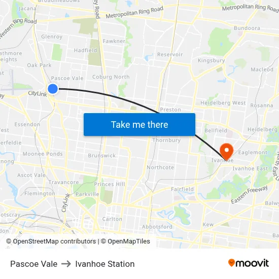 Pascoe Vale to Ivanhoe Station map