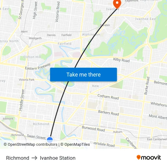 Richmond to Ivanhoe Station map