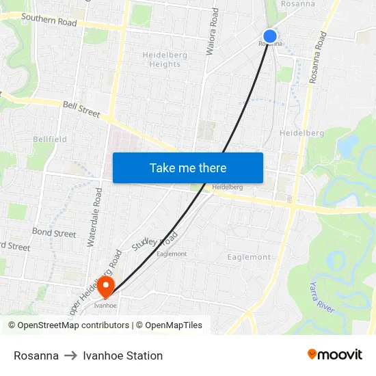 Rosanna to Ivanhoe Station map
