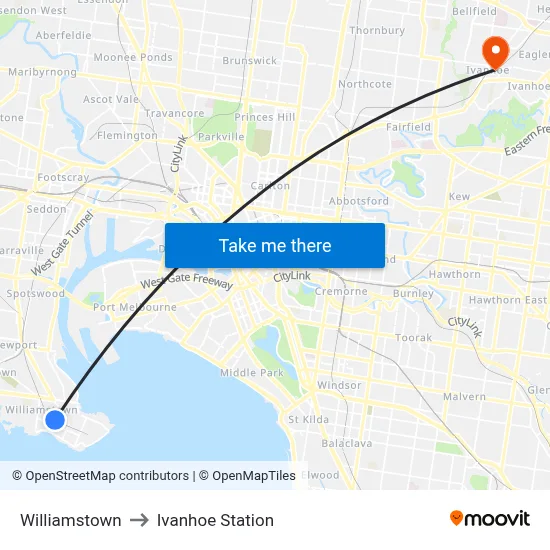 Williamstown to Ivanhoe Station map