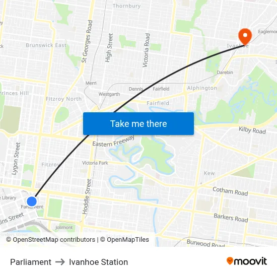 Parliament to Ivanhoe Station map