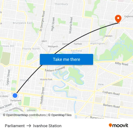 Parliament to Ivanhoe Station map