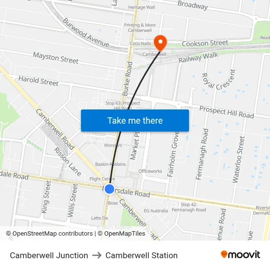 Camberwell Junction to Camberwell Station map