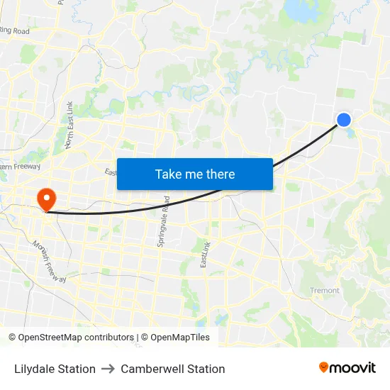 Lilydale Station to Camberwell Station map