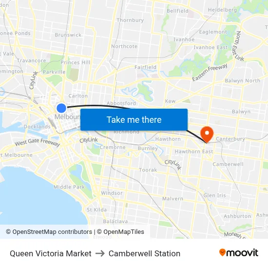 Queen Victoria Market to Camberwell Station map