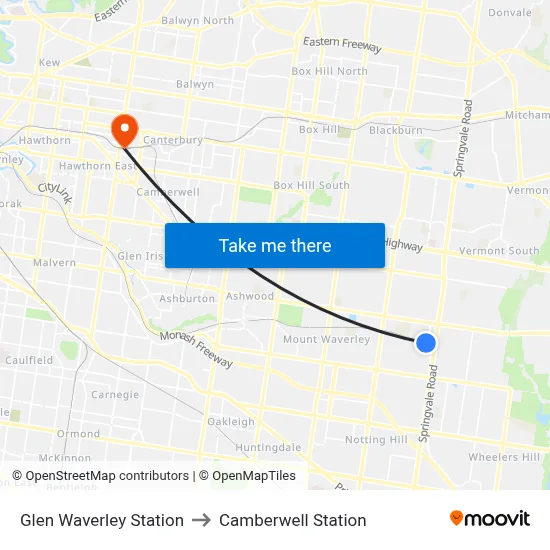 Glen Waverley Station to Camberwell Station map