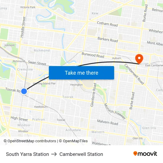 South Yarra Station to Camberwell Station map