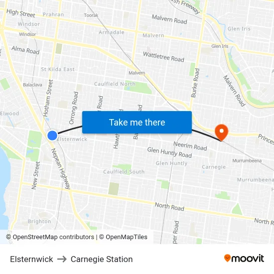 Elsternwick to Carnegie Station map