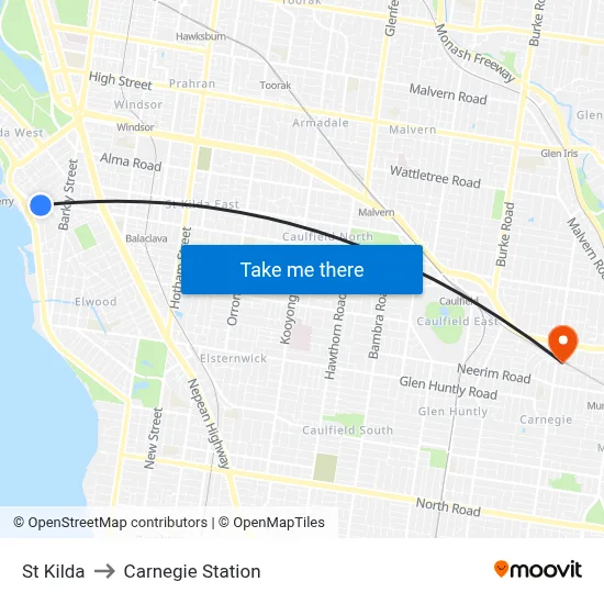St Kilda to Carnegie Station map