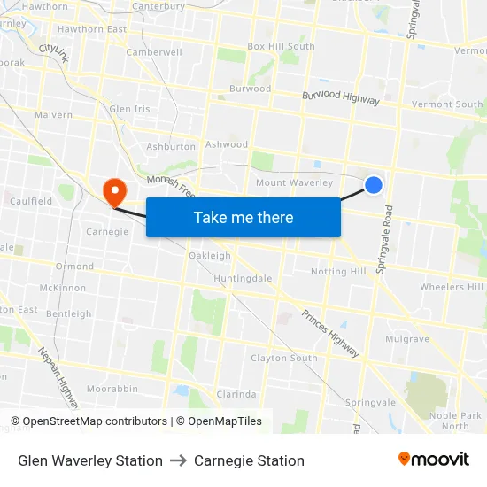 Glen Waverley Station to Carnegie Station map