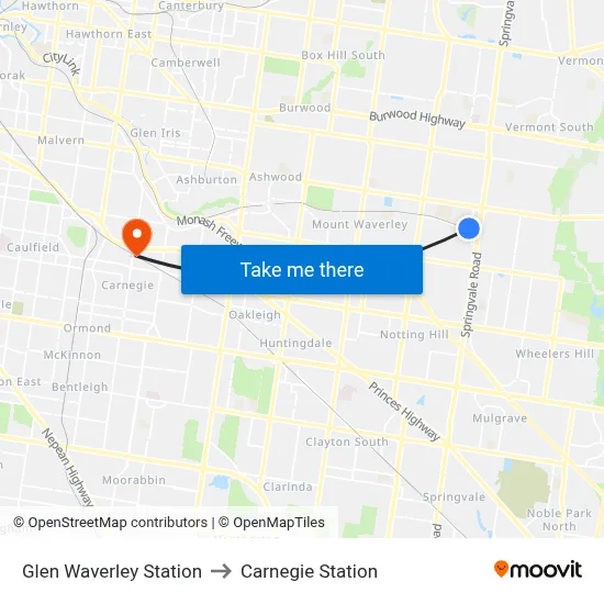 Glen Waverley Bus Interchange to Carnegie Station map