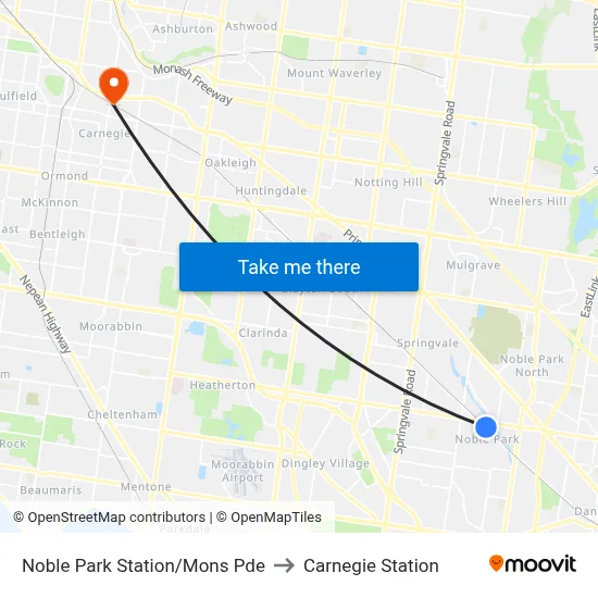 Noble Park Station/Mons Pde to Carnegie Station map