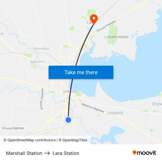 Marshall Station to Lara Station map
