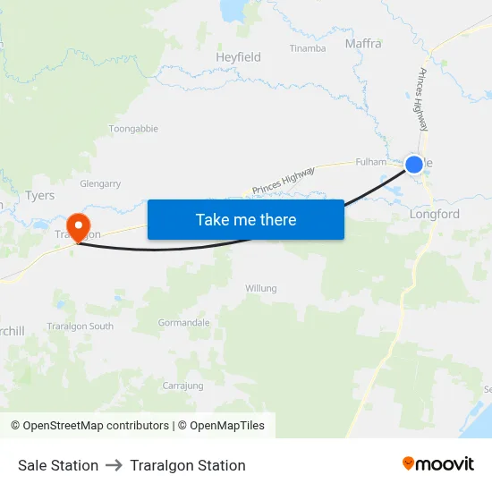 Sale Station to Traralgon Station map
