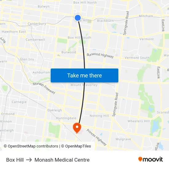 Box Hill to Monash Medical Centre map
