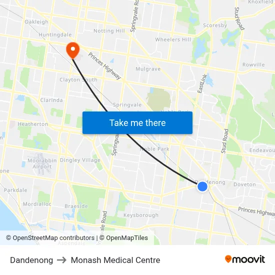 Dandenong to Monash Medical Centre map