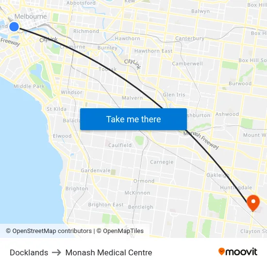 Docklands to Monash Medical Centre map