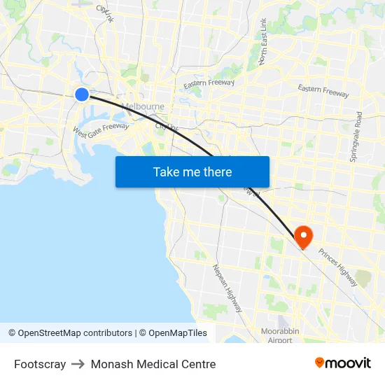 Footscray to Monash Medical Centre map