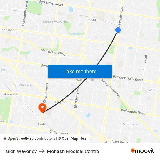 Glen Waverley to Monash Medical Centre map