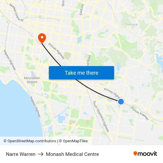 Narre Warren to Monash Medical Centre map